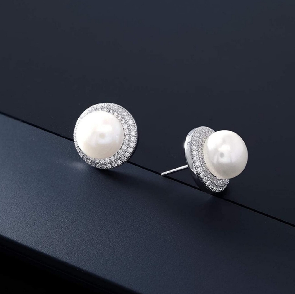 DIAMOND Cultured Freshwater Pearl Button Earrings Bezel 925 Anniversary Gift